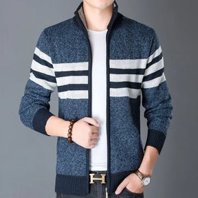 New Winter Thick Fleece Cardigan Men Sweaters Outwear Jackets Coats Fashion Striped Knitted Slim Fit Sweatercoat Clothing