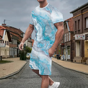 Camiseta * e shorts (conjunto) estampados em mármore masculino, gola redonda, manga curta, top com cordão, primavera e verão, novo, conjunto 2 peças, 2022