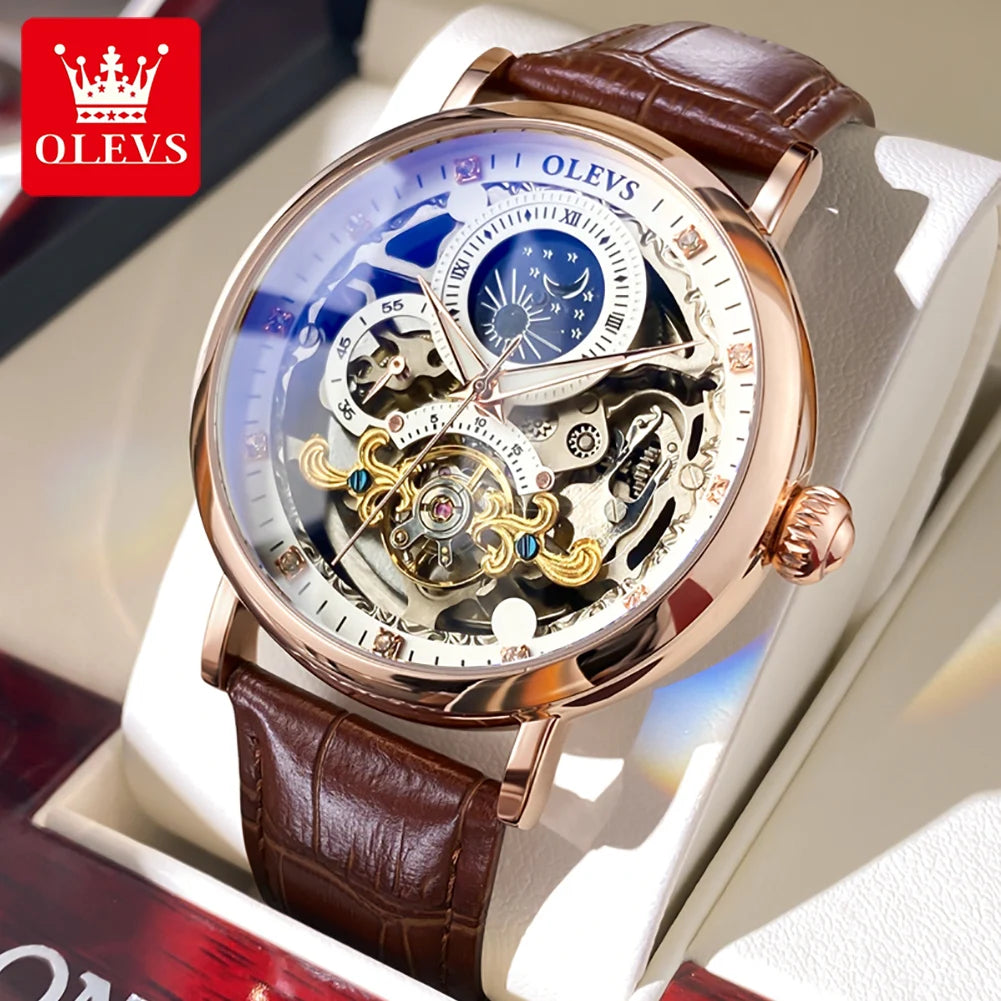 OLEVS-Relógio Mecânico Masculino, Fase da Lua, Dual Time Zone Display, Impermeável, Esqueleto Automático, Marca de Top, Luxo