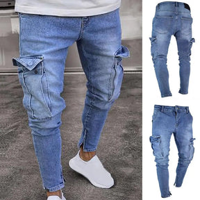 Calça * jeans azul claro com vários bolsos e zíper