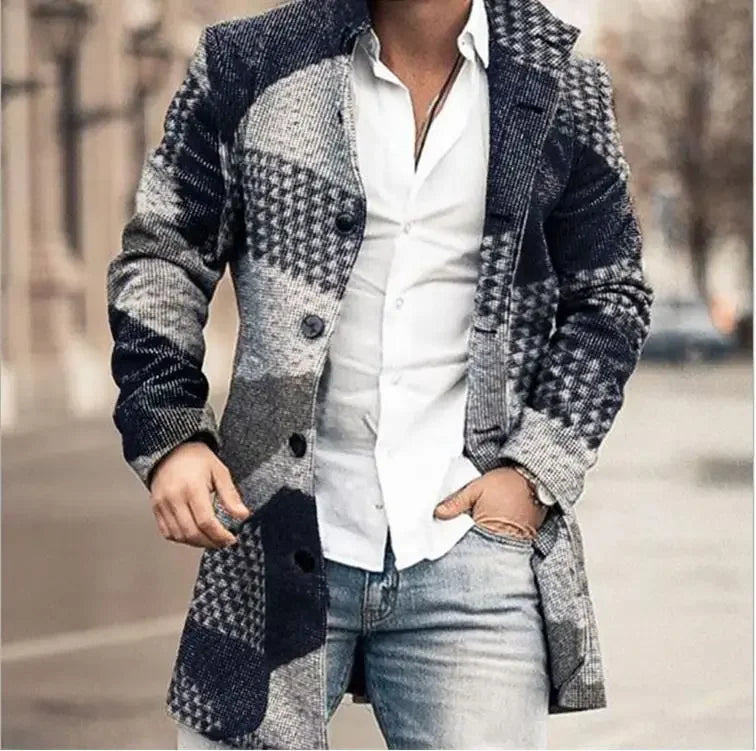 Plaid Men's Coat Trench Woolen Long Sleeve Autumn Winter Fashion Casual Coats Blends Jackets