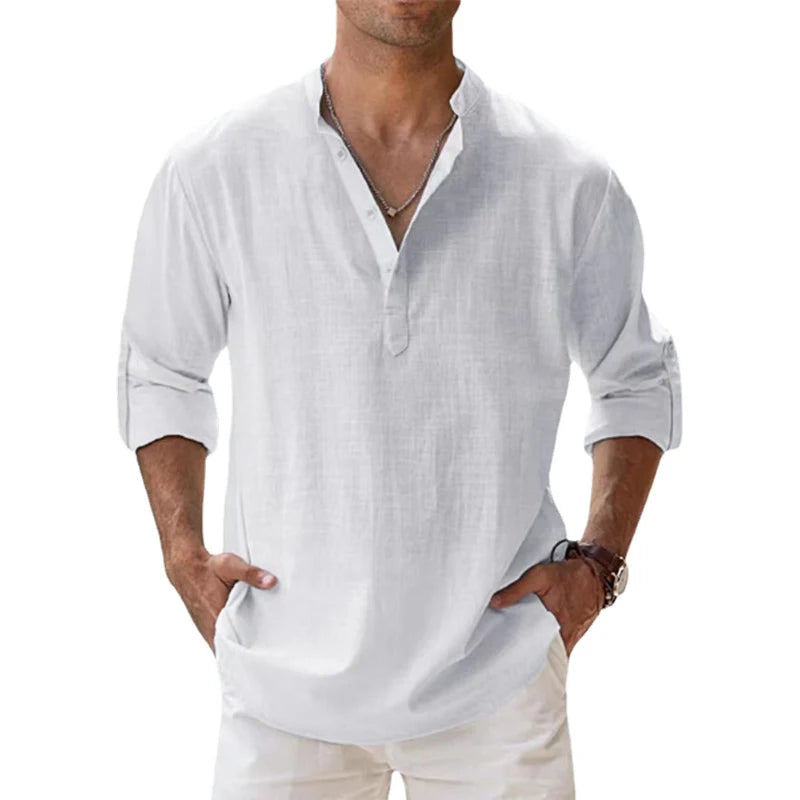 Camisa * de linho respirável masculina, manga comprida, cor sólida, casual, básico, algodão e linho, primavera, outono.