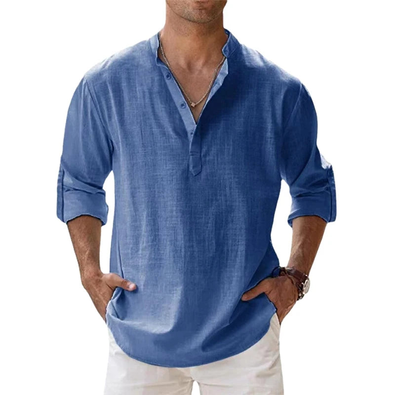 Camisa * de linho respirável masculina, manga comprida, cor sólida, casual, básico, algodão e linho, primavera, outono.