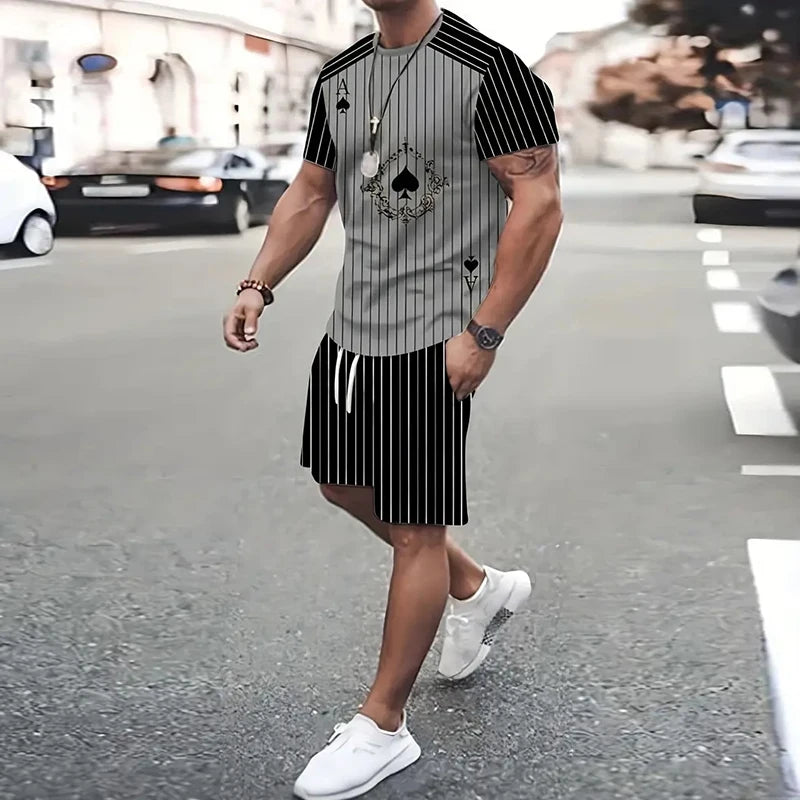 Camiseta * e shorts (conjunto) estampados em mármore masculino, gola redonda, manga curta, top com cordão, primavera e verão, novo, conjunto 2 peças, 2022