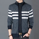 New Winter Thick Fleece Cardigan Men Sweaters Outwear Jackets Coats Fashion Striped Knitted Slim Fit Sweatercoat Clothing