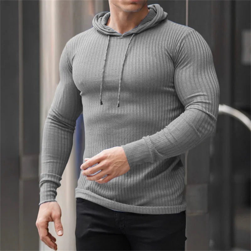 men autumn sports fitness Spring and autumn fitness training wear knitted long sleeve hoodie pullover jacket stripe Sweater