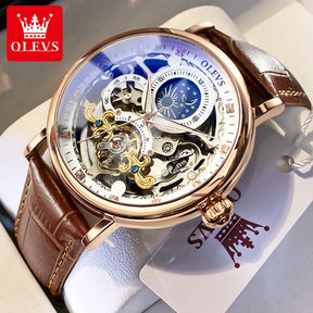 OLEVS-Relógio Mecânico Masculino, Fase da Lua, Dual Time Zone Display, Impermeável, Esqueleto Automático, Marca de Top, Luxo