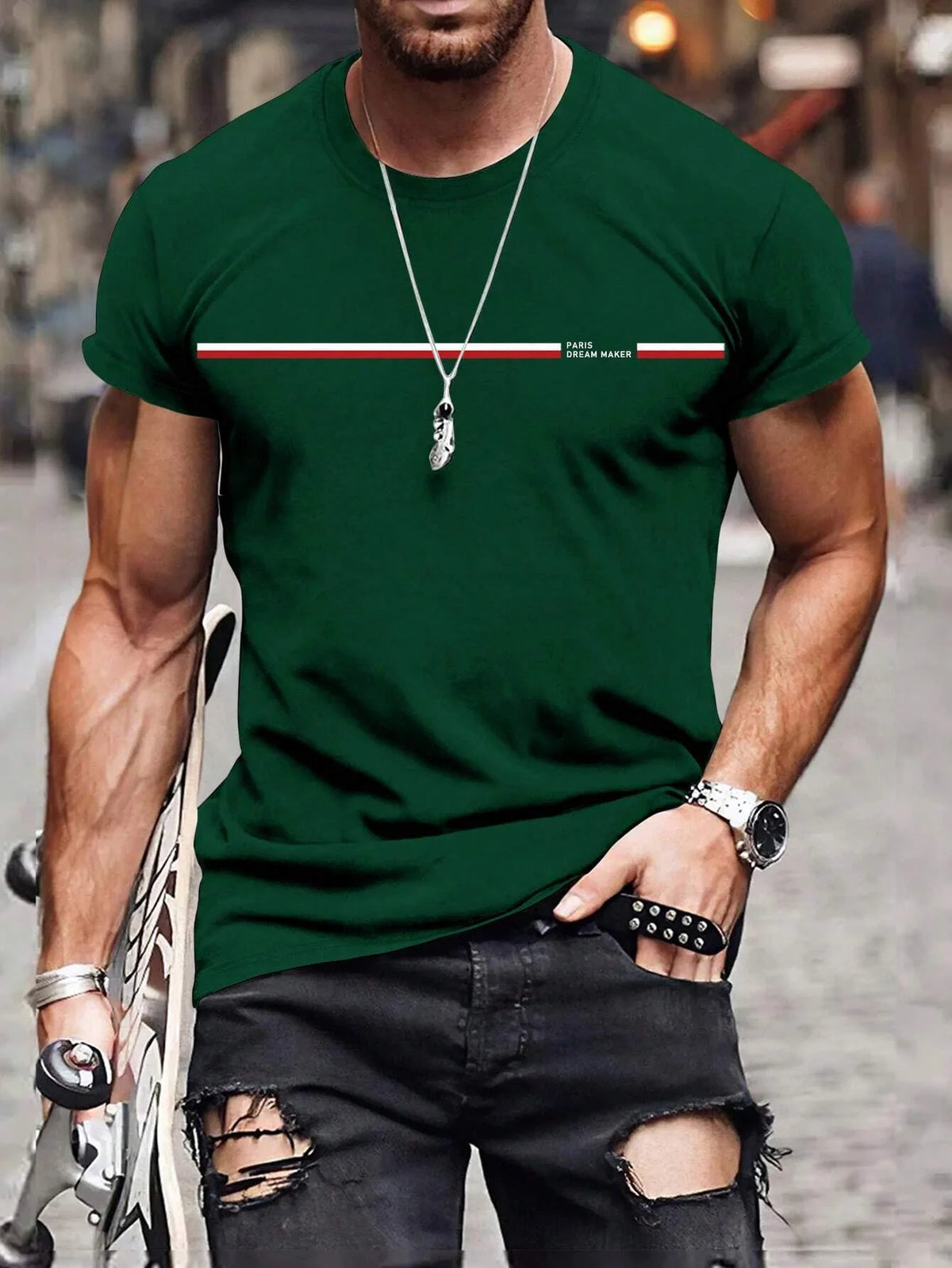 Camiseta * masculina de manga curta, 100% algodão, slim fit, gola redonda, blusa esportiva casual, estampa letra de Paris, verão, tamanho solto