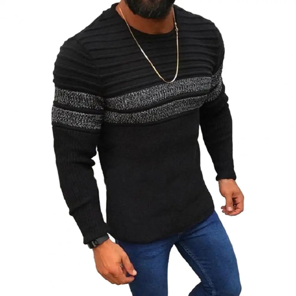 Men Autumn Winter Stripes Splicing Sweater Casual Slim Fit Knitted Tops O-neck Long Sleeve Color-Blocked Pullover Knitwear