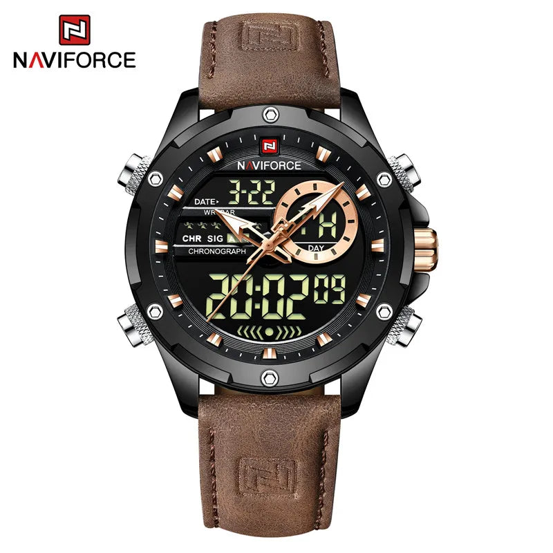 NAVIFORCE-Relógio de pulso militar de quartzo de luxo masculino, relógio digital do esporte, marca superior, couro genuíno, marrom, relógio masculino empresarial, 9208