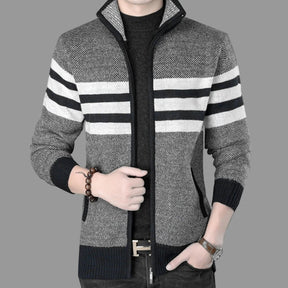 New Winter Thick Fleece Cardigan Men Sweaters Outwear Jackets Coats Fashion Striped Knitted Slim Fit Sweatercoat Clothing