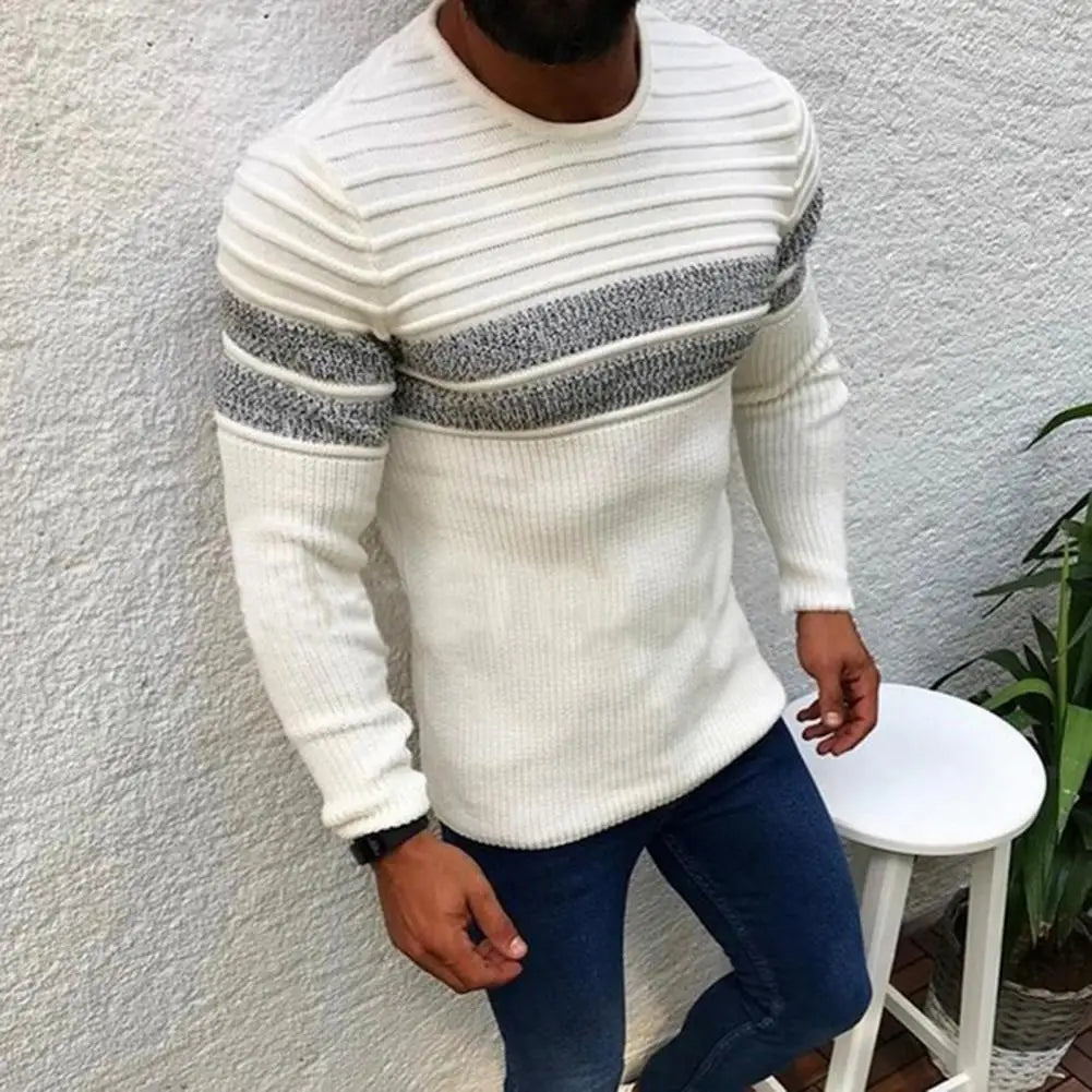 Men Autumn Winter Stripes Splicing Sweater Casual Slim Fit Knitted Tops O-neck Long Sleeve Color-Blocked Pullover Knitwear