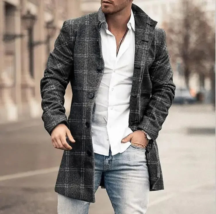 Plaid Men's Coat Trench Woolen Long Sleeve Autumn Winter Fashion Casual Coats Blends Jackets