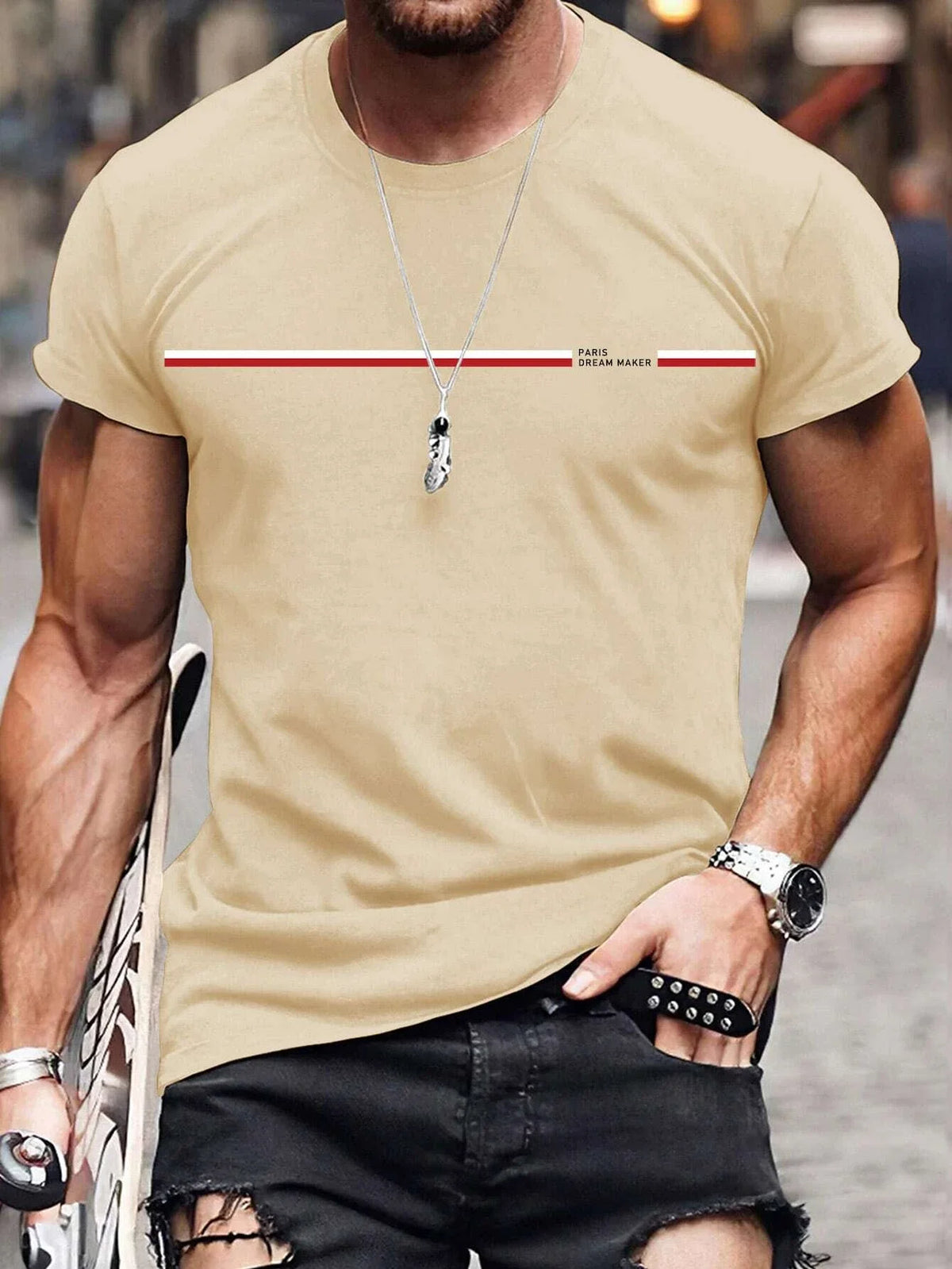Camiseta * masculina de manga curta, 100% algodão, slim fit, gola redonda, blusa esportiva casual, estampa letra de Paris, verão, tamanho solto