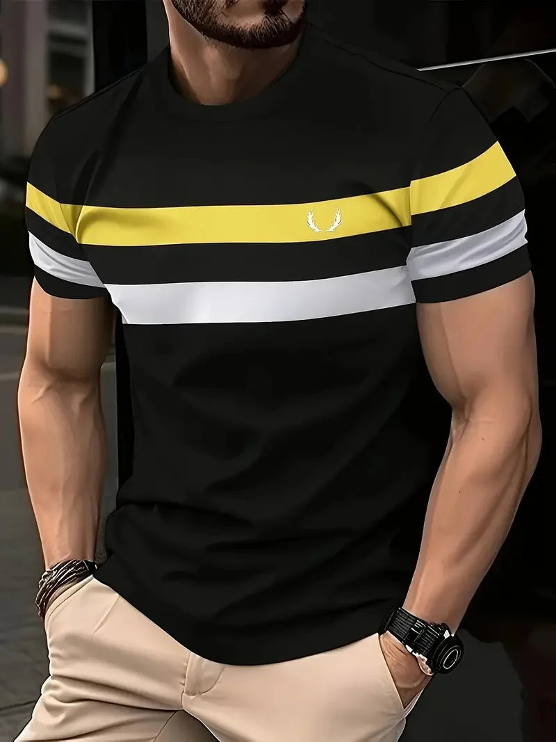 Camiseta * minimalista listrada estampada masculina, parte superior com gola redonda, manga curta, lazer, esportes ao ar livre, fitness, moda verão