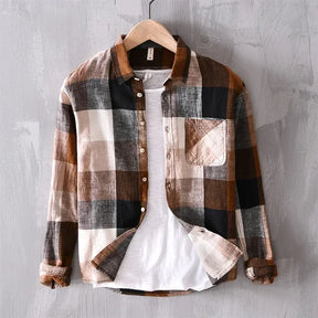 Men Clothing 2022 New Linen Shirt Men Casual Lapel Fresh Plaid Long Sleeve Literary Loose Cotton Linen Shirt Men