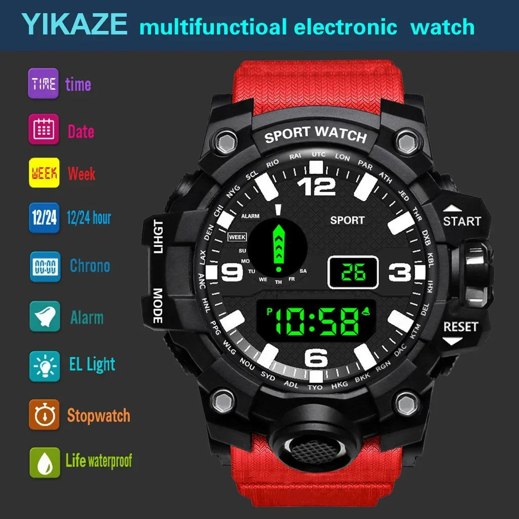 YIKAZE-LED Digital Sport Watch masculino, relógios eletrônicos, multifunções, militares, esportes, relógio, presentes para crianças, fitness