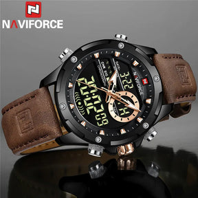 NAVIFORCE-Relógio de pulso militar de quartzo de luxo masculino, relógio digital do esporte, marca superior, couro genuíno, marrom, relógio masculino empresarial, 9208