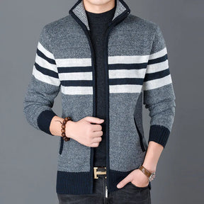 New Winter Thick Fleece Cardigan Men Sweaters Outwear Jackets Coats Fashion Striped Knitted Slim Fit Sweatercoat Clothing