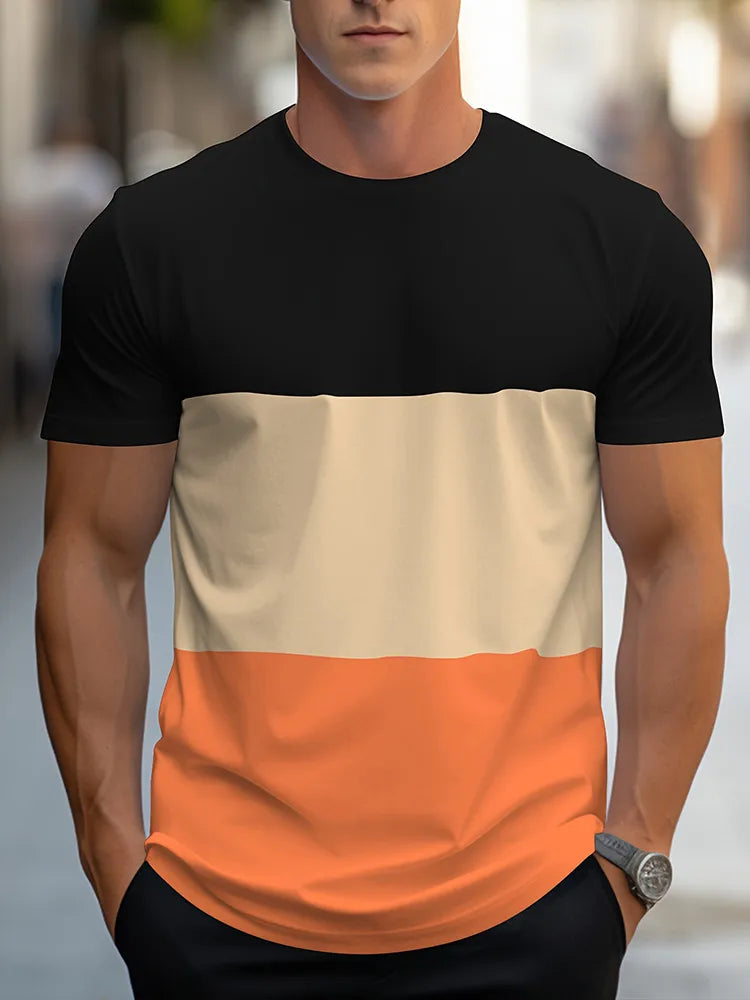 Camiseta * casual de bloco de cores, manga curta, gola redonda, moderna, viagem diária, ao ar livre, camiseta minimalista.