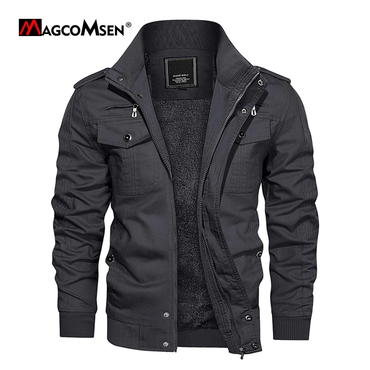 MAGCOMSEN-Casacos de lã com gola alta para homens, casacos blusão de motocicleta, jaquetas bombardeiro térmico, bolsos múltiplos, outono e inverno