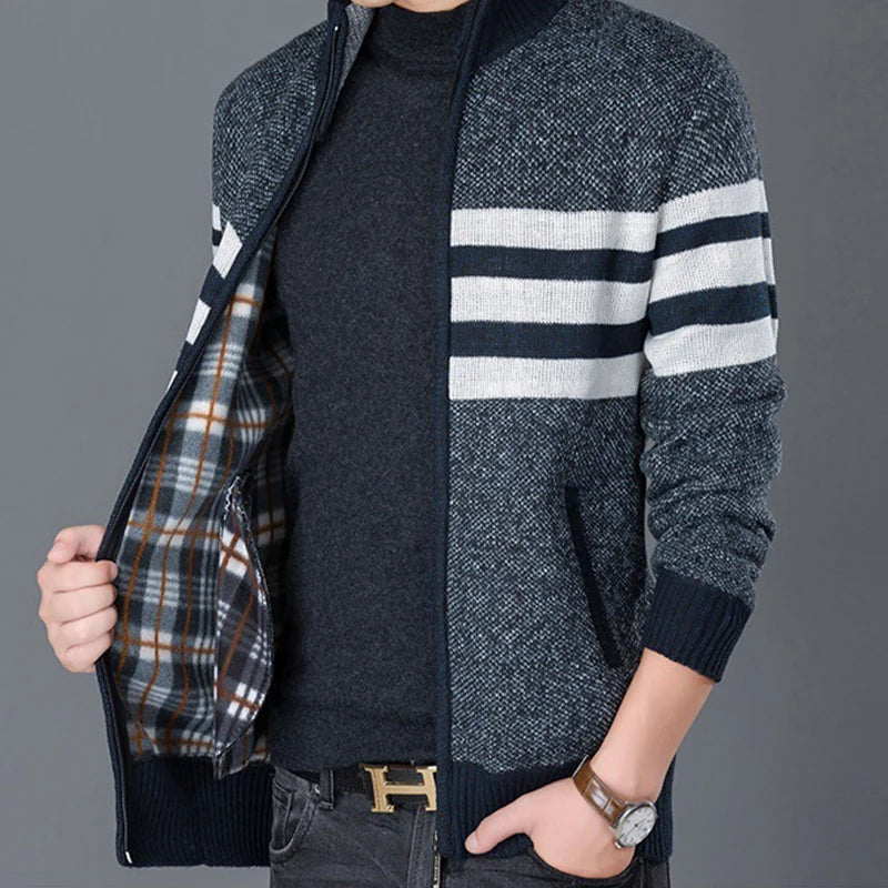 New Winter Thick Fleece Cardigan Men Sweaters Outwear Jackets Coats Fashion Striped Knitted Slim Fit Sweatercoat Clothing