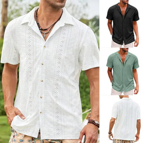 New Summer Trendy Men's Button Up Shirt with Hollowed Out Lapel Solid Color Casual Fashion Top for Men