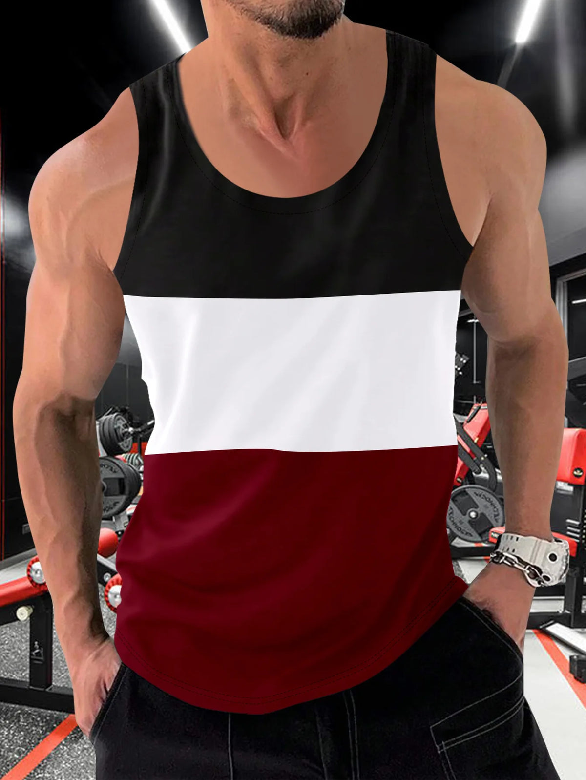 Regata * masculina de verão com estampa de blocos de cores, secagem rápida, respirável e que absorve umidade, ideal para prática esportiva, academia e corrida, roupas masculinas.