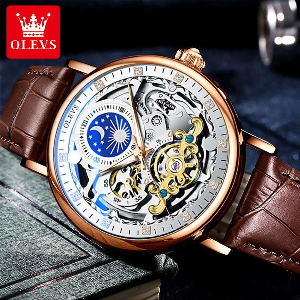 OLEVS-Relógio Mecânico Masculino, Fase da Lua, Dual Time Zone Display, Impermeável, Esqueleto Automático, Marca de Top, Luxo