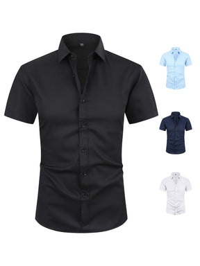 Camisas sociais masculinas com colarinho dobrável sólido, camisa de verão de manga curta casual com botões para ocasiões formais