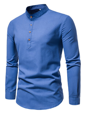 Camisa Masculina 100% Algodão, Manga Longa Com Gola Alta E Botões Para Atividades Ao Ar Livre Na Primavera E Outono