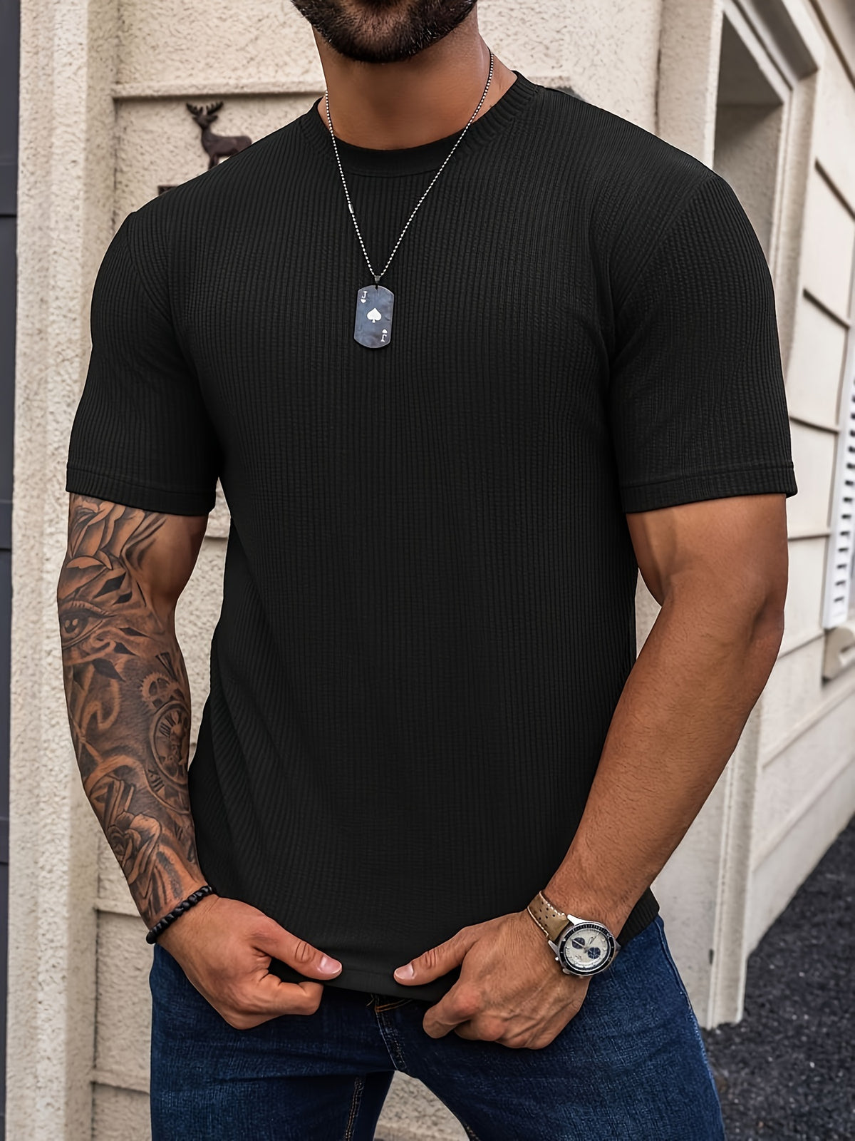 Camiseta * Listrada Sólida Masculina, Confortável De Manga Curta E Gola Redonda, Roupa Masculina Para O Verão Ao Ar Livre