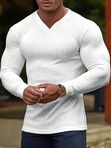 Camiseta * de malha com padrão de listras sólidas para homens, gola em V e mangas compridas, tops confortáveis e elásticos para uso diário na primavera e outono, tanto para eventos casuais quanto para prática de esportes.