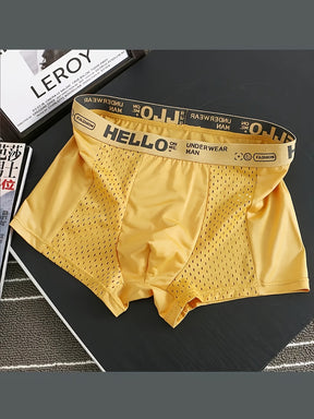 Conjunto De 4 Cuecas Boxer Masculinas Com Letras HELLO, Em Tecido De Seda Gelada E Meio De Malha, Confortáveis E Elásticas, Ideais Para Esportes.