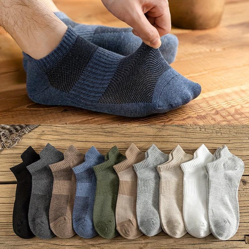 10 Pares de Meias Masculinas de Malha Sólida de Cano Baixo, Anti Odor & Absorção de Suor, Meias Respiráveis, Para Usar em Todas as Estações