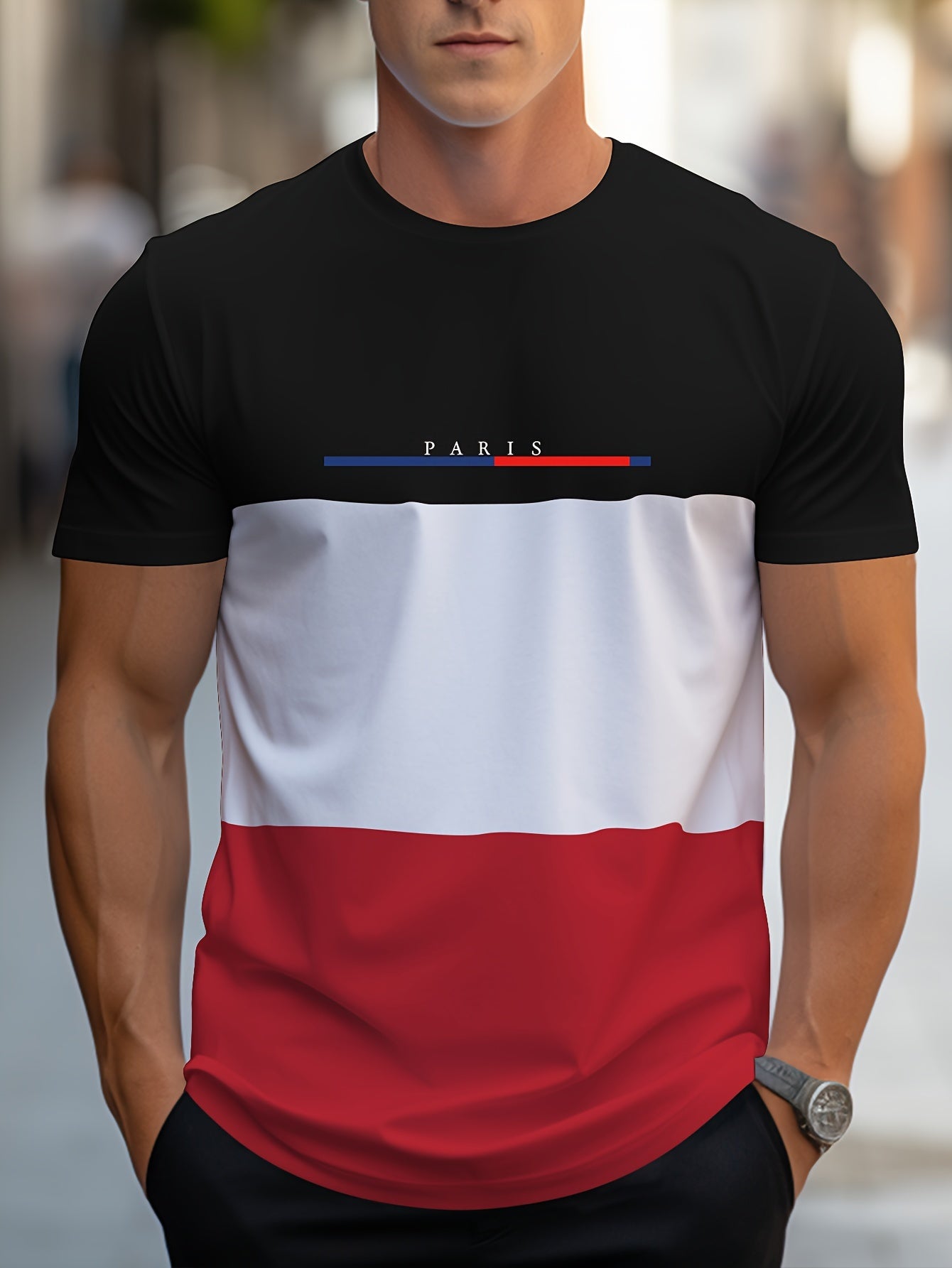 Padrão Criativo e Estiloso de Paris, Camiseta Masculina de Manga Curta com Gola Redonda, Estilo Simples, Camiseta de Corte Regular, Top Casual e Confortável para Primavera, Verão, Férias e Lazer, Roupas Masculinas como Presente