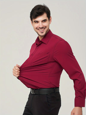 Camisa formal sólida de cor sólida para homens de tamanho grande, com micro elasticidade e mangas longas para reuniões e trabalho diário