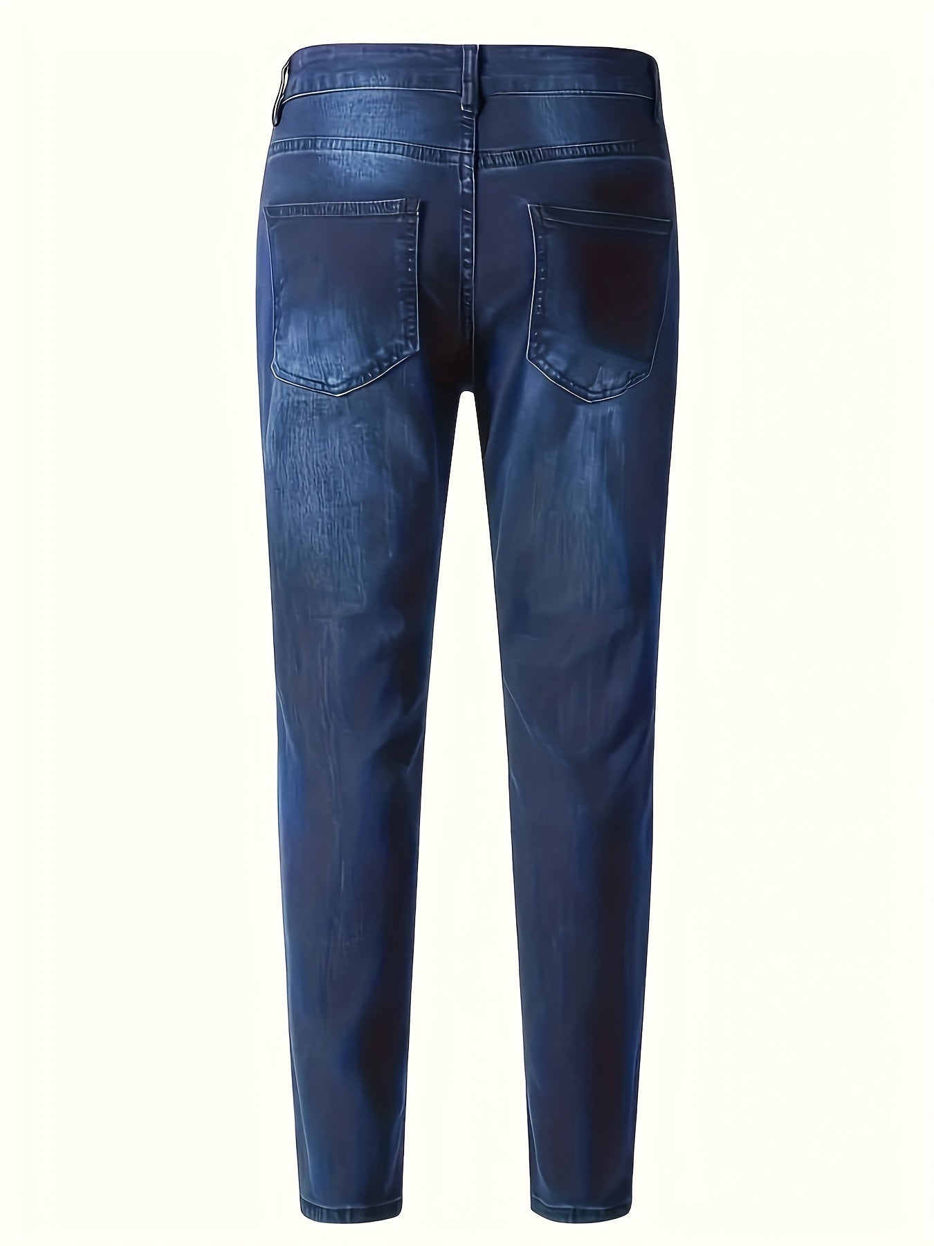 Calça jeans masculina casual de cintura média e ajustada, em tecido elástico, com cores sólidas para uso diário casual.