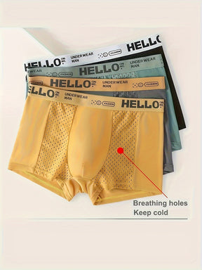 Conjunto De 4 Cuecas Boxer Masculinas Com Letras HELLO, Em Tecido De Seda Gelada E Meio De Malha, Confortáveis E Elásticas, Ideais Para Esportes.