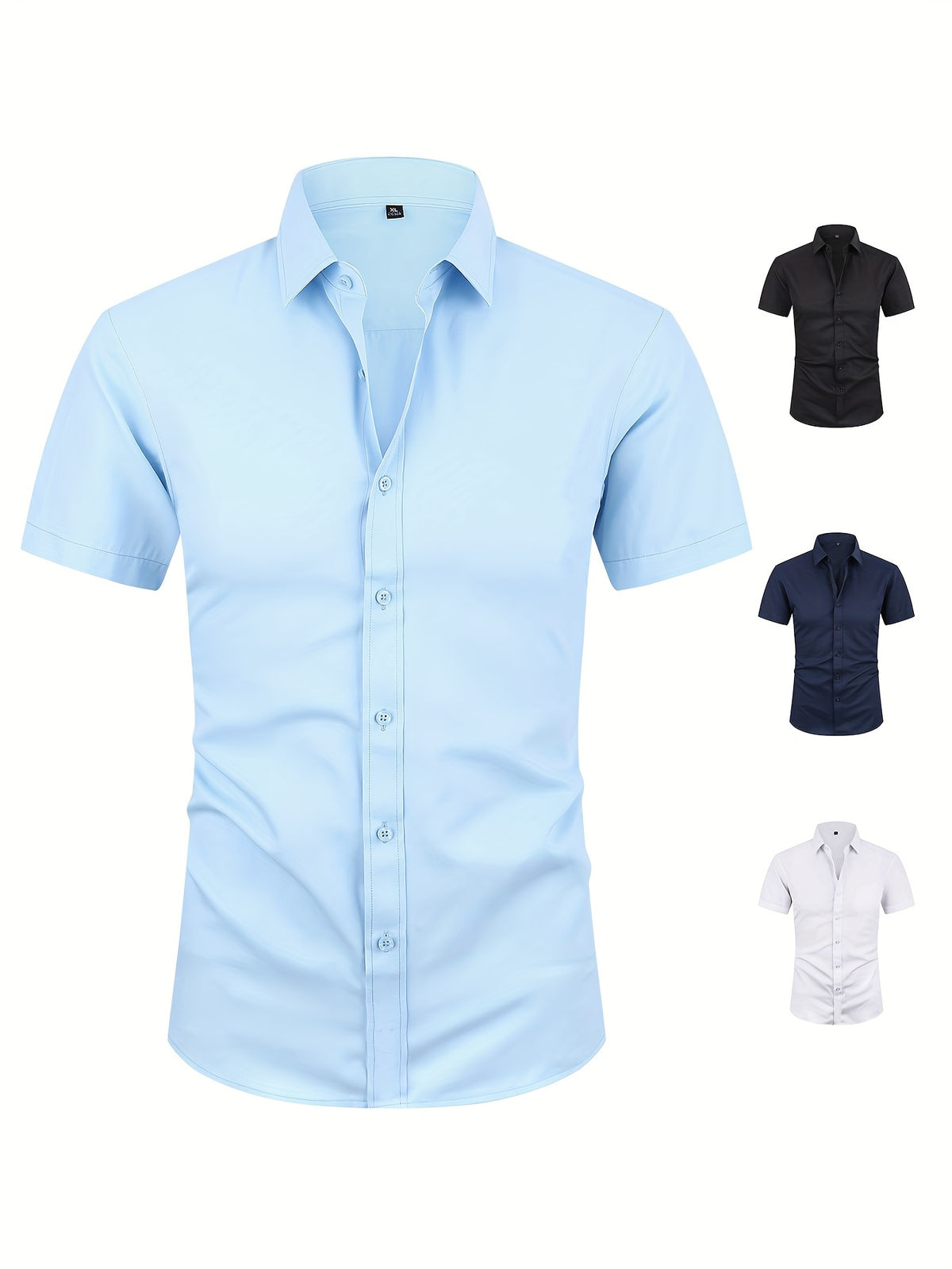 Camisas sociais masculinas com colarinho dobrável sólido, camisa de verão de manga curta casual com botões para ocasiões formais