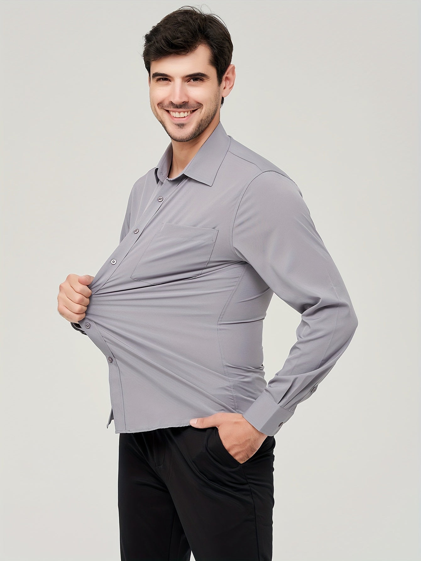 Camisa formal sólida de cor sólida para homens de tamanho grande, com micro elasticidade e mangas longas para reuniões e trabalho diário