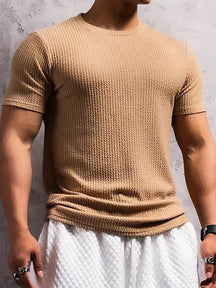 Camiseta * masculina de manga curta em malha canelada, design elegante, casual e estiloso, perfeita para o verão, ideal para academia e treinos de fitness.